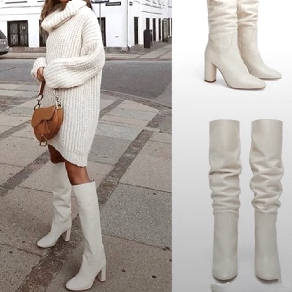 Leather Knee Heigh Cream Boots - by Zara - size 41 / 10